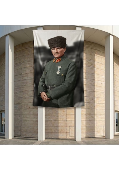 Üniformalı Kalpaklı Atatürk Portresi Poster Bayrak Premium Raşel Kumaş Ata68 2x3m Diğer