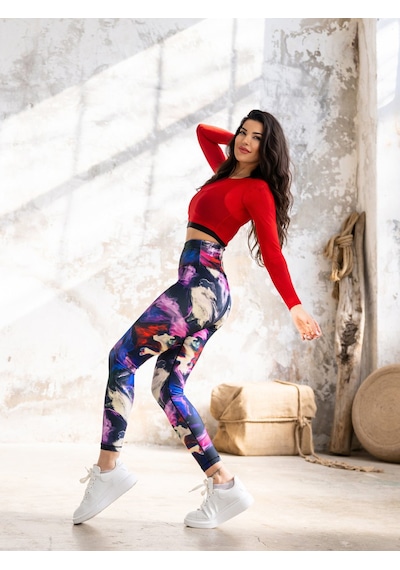 Lismina Uzun Kollu Tül Crop Spor Tişört - İçindeki Bra Dahil Değildir. Kırmızı