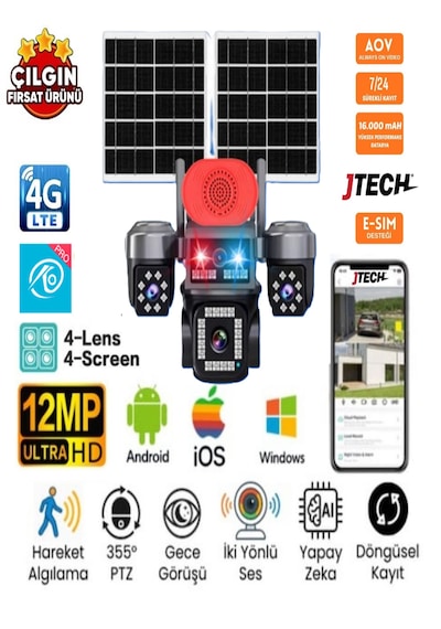 O-kam Ok-337 Premium 4g 12mp Sim Kartlı 2xsolar Panelli Çakarlı 4 Kameralı 1 Ptz Akıllı Kamera