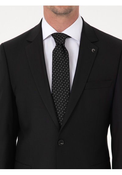 Cacharel Siyah Slim Fit Yün Karışımlı Mikro Desenli Takım Elbise