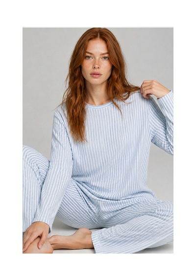 Fit Women Kadın Çizgili Regular Fit Mavi Pijama Takımı 4687