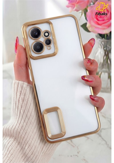 Fibaks Redmi Note 12 Uyumlu Kılıf Kamera Lens Korumalı Şeffaf Renkli Logo Gösteren Parlak Kapak Gold