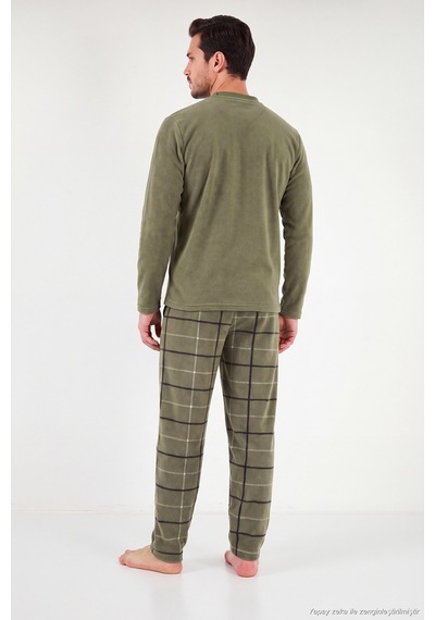 Buratti Ekoseli Bisiklet Yaka Yumuşak Dokulu Polar Pijama Takımı Erkek Pijama Takımı 6097064 Haki