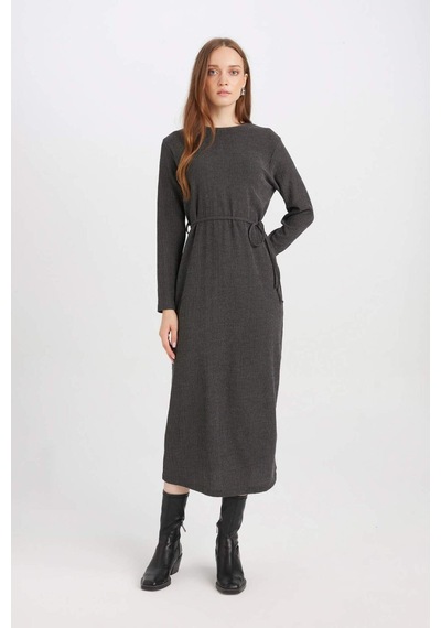 DeFacto Regular Fit Bürümcük Uzun Kollu Midi Elbise D5024AX24AUGR164 Gri