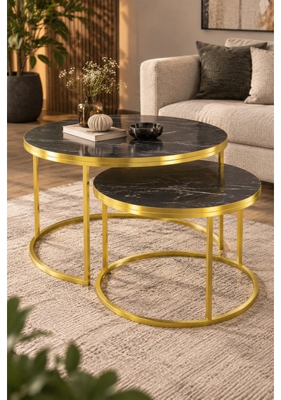 Sulorahome Gold Metal Mermer Desenli 2'li Yuvarlak Orta Sehpa Seti Siyah Ve Gold
