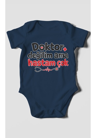 Morivokids Doktor Değilim Ama Hastam Çok Kısa Kollu Bebek Body %100 Pamuk Lacivert