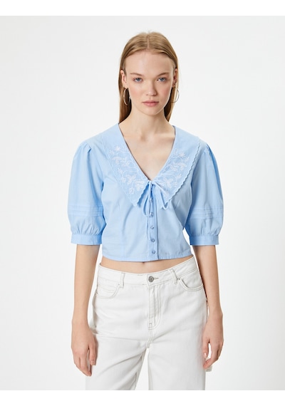 Koton Balon Kol Bluz Bebe Yaka Düğmeli Kısa Kollu Nakışlı Slim Fit Mavi 4sal60052ıw Mavi