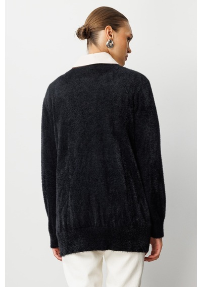 Mizalle Yuvarlak Yaka Oversize Yumuşak Dokulu Siyah Triko Kazak Siyah