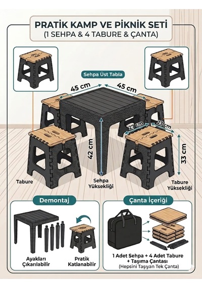 Evko Mobilya Kamp Seti, Piknik Seti, Masa Tabure Seti, Portatif Set, Plastik Katlanabilir Set, 4 + 1 Set Turuncu