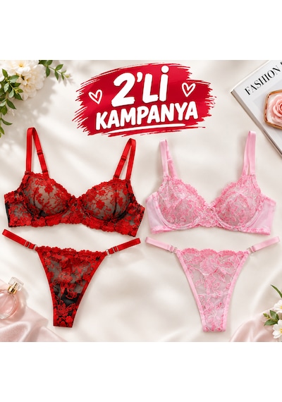 Kadın Bralet Dantel İç Çamaşırı 2 Li Set Kırmızı Ve Pembe Özel Kampanya Paketi