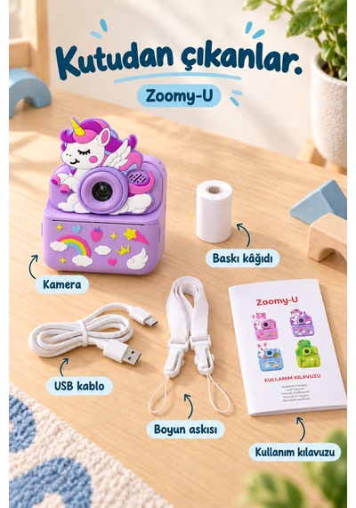 Kj/zm-004 Zoomy-u Unicorn Figürlü Anında Baskılı Çocuk Fotoğraf Makinesi, Çift Kamera, 2,4 İnç Ekran, 1080p Video, 3+ Yaş Mor