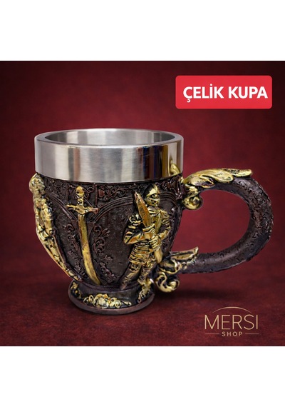 Şövalye Kabartmalı 3d Paslanmaz Çelik Kupa Bardak Orta Çağ Temalı Dekoratif Kupa Altın - Gümüş