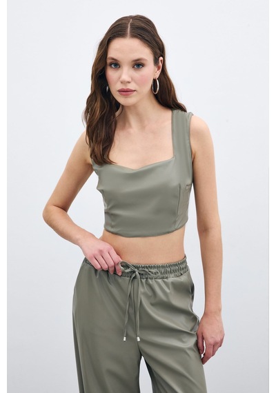 Sateen Kare Yaka Deri Crop - Çağla Yeşili-135669 Çağla Yeşili