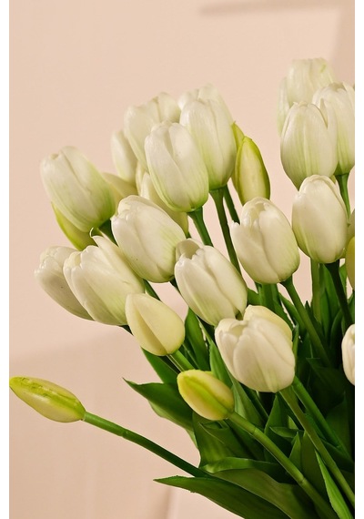 Beyaz Yapay Tulipa Lale Çiçeği Buketi 5 Dallı Premium Canlı Islak Dokulu 43 Cm