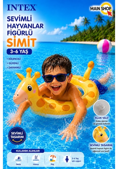 Mainshop Intex Hayvan Figürlü Çocuk Deniz Simidi 3-6 Yaş - Havuz Simidi M-59221