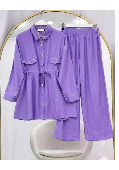 Lovie Moda Kapak Taşlı Jakar Pantolonlu İkili Takım Mor