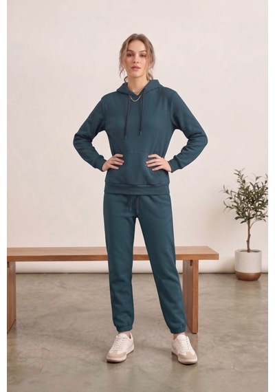 Moibody Kadın 3 İplik Şardonlu Eşofman Takımı Premium Kapüşonlu Sweatshirt Ve Jogger Alt Petrol Petrol