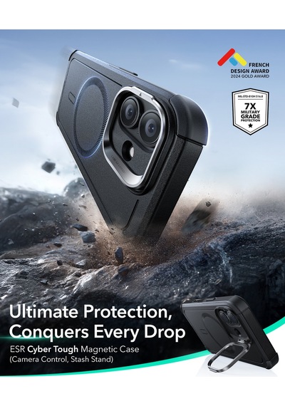 Esr Apple Uyumlu iPhone 17 Cyber Tough Manyetik Kılıf Kamera Kontrol Özellikli Stantlı Siyah