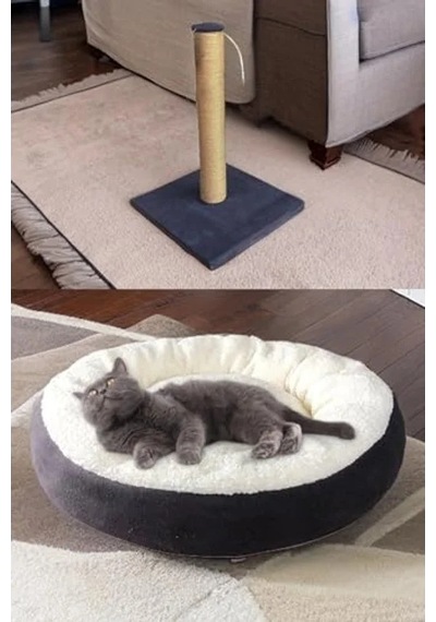 Kedi Başlangıç Seti - Yatak, Tuvalet, Tırmalama Paspası Açık Ahşap