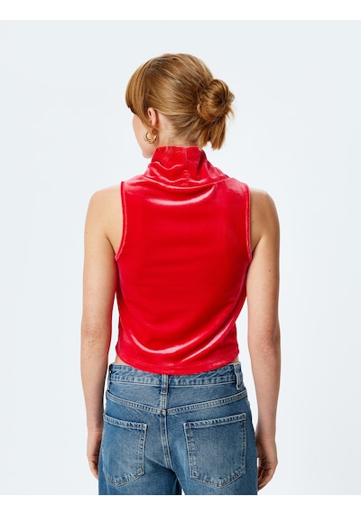 Koton Kadife Crop Top Kolsuz Dik Yaka Kırmızı 5wak10005ek Kirmizi