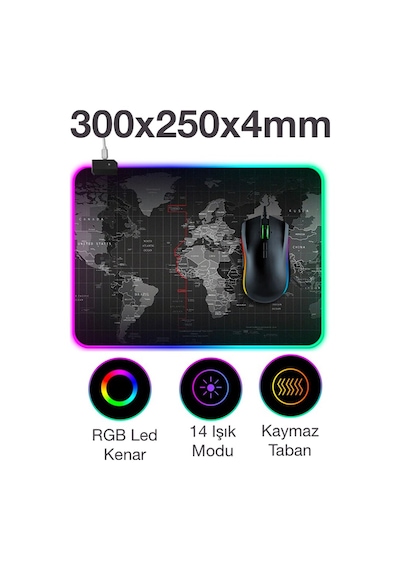 Ally Dünya Desenli Rgb Led Işıklı Oyuncu Mouse Pad 300-250-4Mm