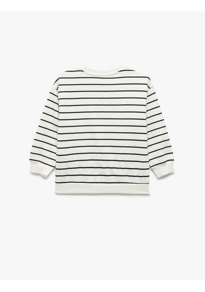 Koton Pamuklu Şardonlu Uzun Kollu Bisiklet Yaka Çizgili Sweatshirt Ekru Çizgili 7wmb10021tk