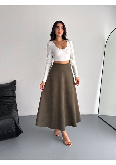 Ozy Fashion Kadın Süet Kloş Etek Haki