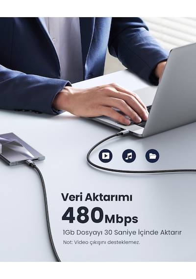 Ugreen Usb-c 100w 5a Qc Pd Örgülü Hızlı Şarj Kablosu, 1 M, Siyah, 70427