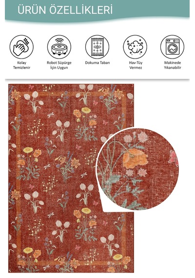 Florart Kiremit / Turuncu Doğa Temalı Çiçekli Dokuma Tabanlı Modern Şönil Halı Al 492 Kiremit
