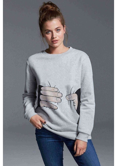 Handpres Baskılı Gri Kadın Sweatshirt