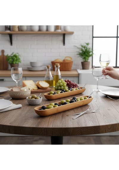 35cm Bambu Zeytinlik Doğal Ahşap Oval Uzun Servis Tabağı Meze Sunumu, Çerezlik, Atıştırmalı