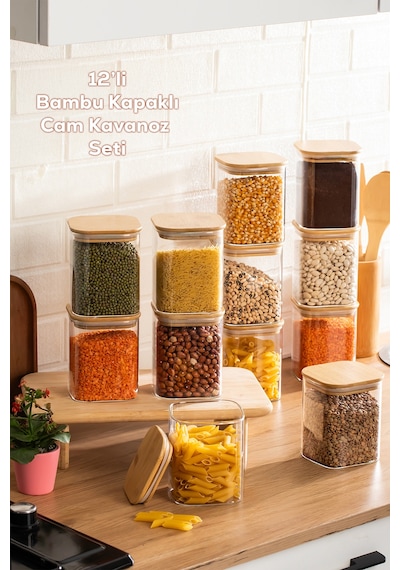 Porsima 5-4 Bambu Vakumlu Kapaklı Kare Borsilikat Cam 12li Kavanoz Seti Saklama Kabı 750ml 7,5x15cm