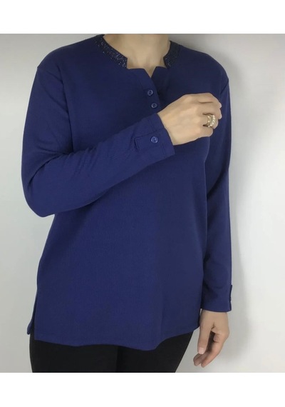 Yakası Taşlı Ve Düğmeli Spor Anne Bluz Saks