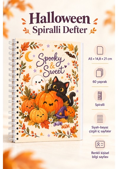 Halloween Temalı A5 Spiralli Çizgili Defter 60 Yaprak Bej