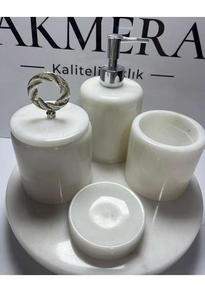 Mermer Top Ayaklı Standlı 5 Parça Lüks Banyo Seti Beyaz - Gümüş