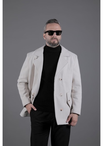 Ohepmoda Desenli Kruvaze Erkek Kaşe Kaban Bej