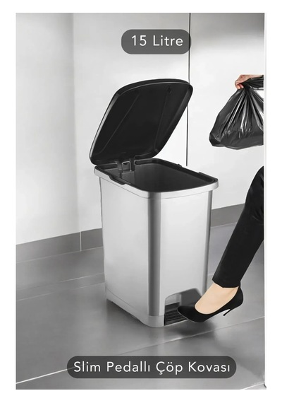 Slim Pedallı Banyo Mutfak Çöp Kovası - 15 Litre Gri