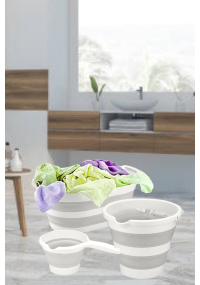 Vera Bath 3'lü Katlanır Multi Set Sepet-kova-maşrapa Beyaz - Gri
