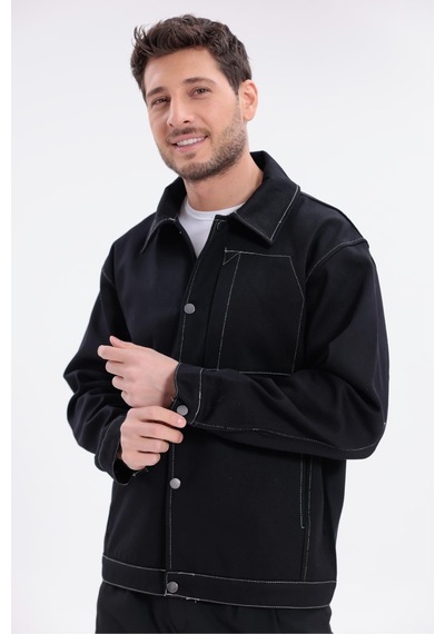 Erkek Dikiş Detaylı Oversize Gabardin Ceket - Mont-392 Siyah
