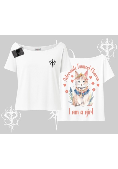 Startmore Startmore Cute Princess Kedi Tasarımlı Arka Baskılı Kayık Yaka Tshirt Beyaz
