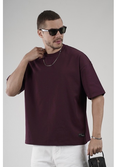 Bisiklet Yaka Oversize Erkek Süprem Tişört Bordo