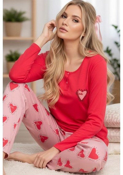 Siyah İnci Düğmeli Örme Pamuklu Pijama Takım25240218 NAR ÇİÇEĞİ