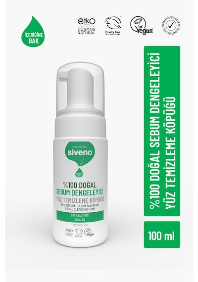 Siveno %100 Doğal Yüz Temizleme Köpüğü Yağlı Ciltler İçin Makyaj Siyah Nokta Sivilce Vegan 100 ML