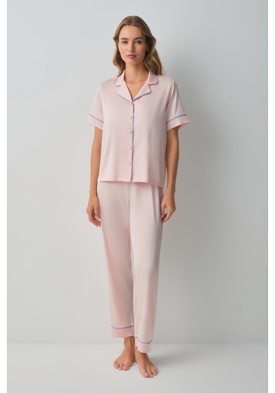 Suwen Clara Gömlek Yaka Pijama Takımı Wsh10510061077 Pembe