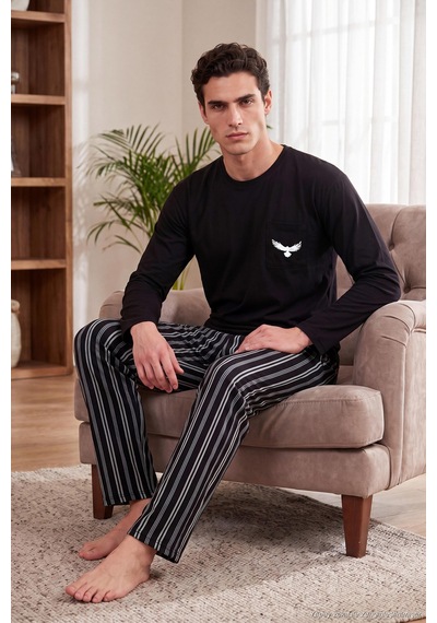 Buratti Çizgili Pamuklu Göğüs Cepli Pijama Takımı Erkek Pijama Takımı 6575008 Siyah