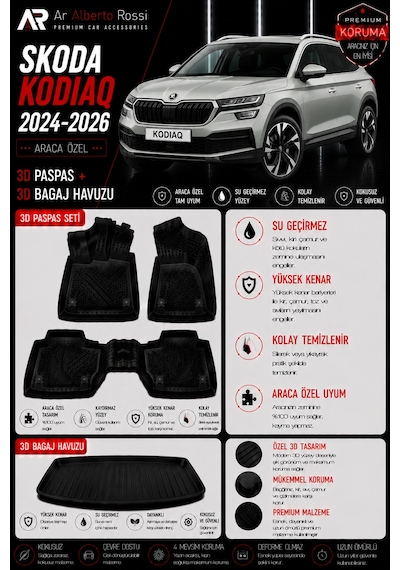 Skoda Kodiaq 2024-2026 Araca Özel 3d Paspas + 3d Bagaj Havuzu