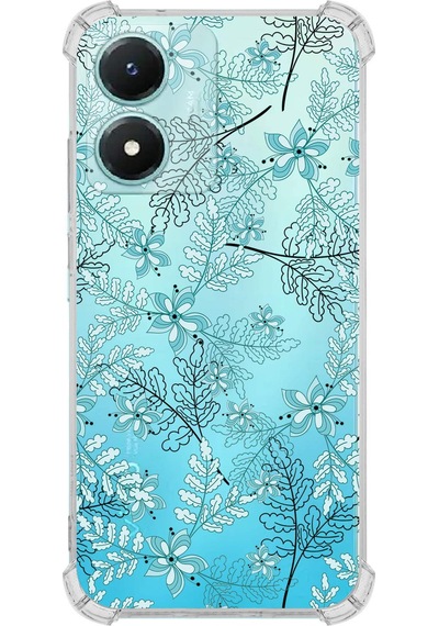 Vivo Y16 Uyumlu Köşe Korumalı Floral Su Yeşili Tasarımlı Şeffaf Silikon Kılıf