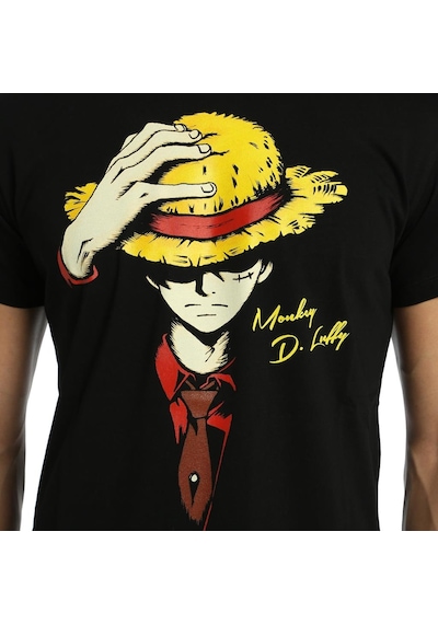 Bant Giyim - One Piece Monkey D. Luffy Siyah Erkek T-shirt Tişört Siyah
