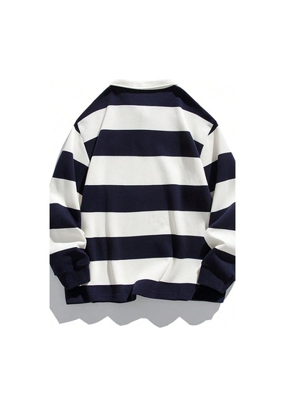 Ghassy Co. Erkek London Çizgili Şeritli Pamuklu İçi Polarlı Polo Yaka Sweatshirt Lacivert