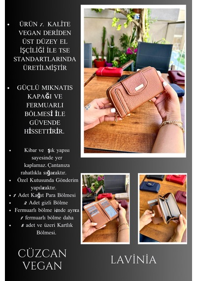 Lavinia Taba Vegan Deri Kadın Cüzdan Fermuarlı Ve Mıknatıslı 16x9 Cm Kahverengi